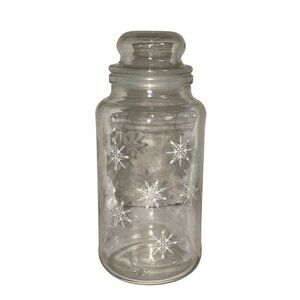 ANCHOR HOCKING 9" Clear Glass Snowflake Canister Jar Lid Christmas Xmas Holiday